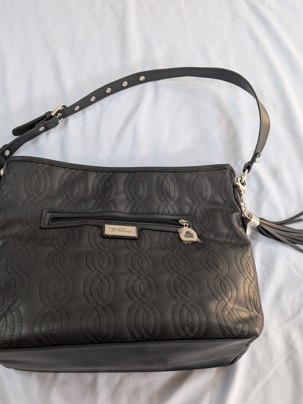 NWT Bella Russo Black Quilted Shoulder Bag | Silver Heart Hardware